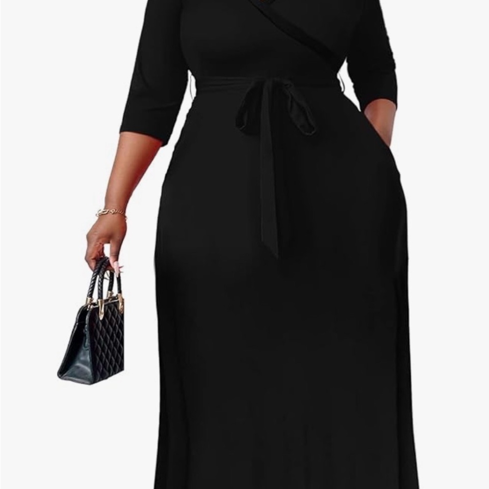 Elegant Black Wrap Maxi Dress with Tie Waist 3xL